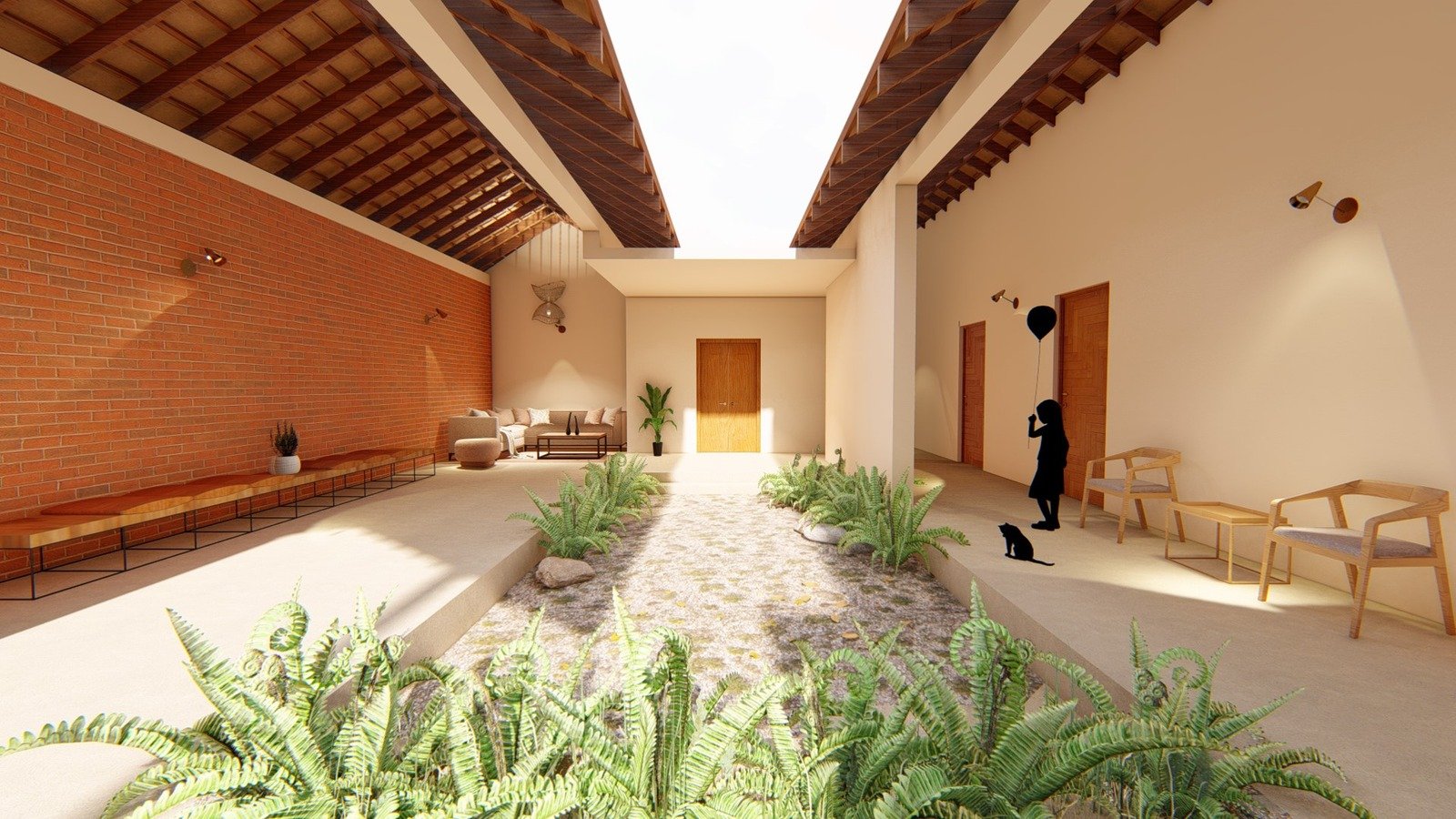 Expansive internal courtyard featuring a central pebble garden with ferns, flanked by exposed brick walls and traditional timber roofing