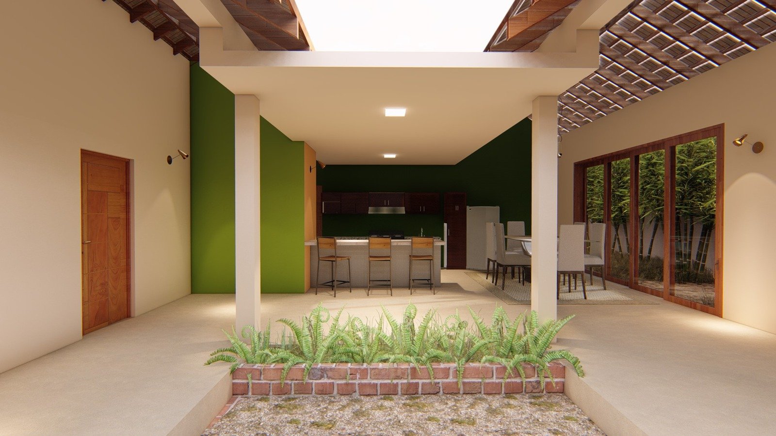 Modernized kitchen and dining space opening into an internal courtyard with a brick planter and tropical ferns