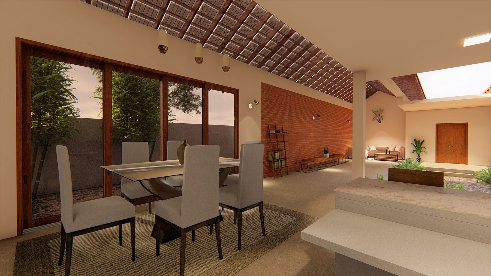 Open plan interior extending from the dining area to a living space under a preserved timber roof structure