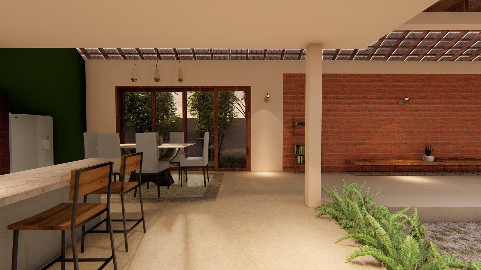 Spacious modern dining and kitchen area seamlessly integrated with a classic exposed brick wall and timber doors