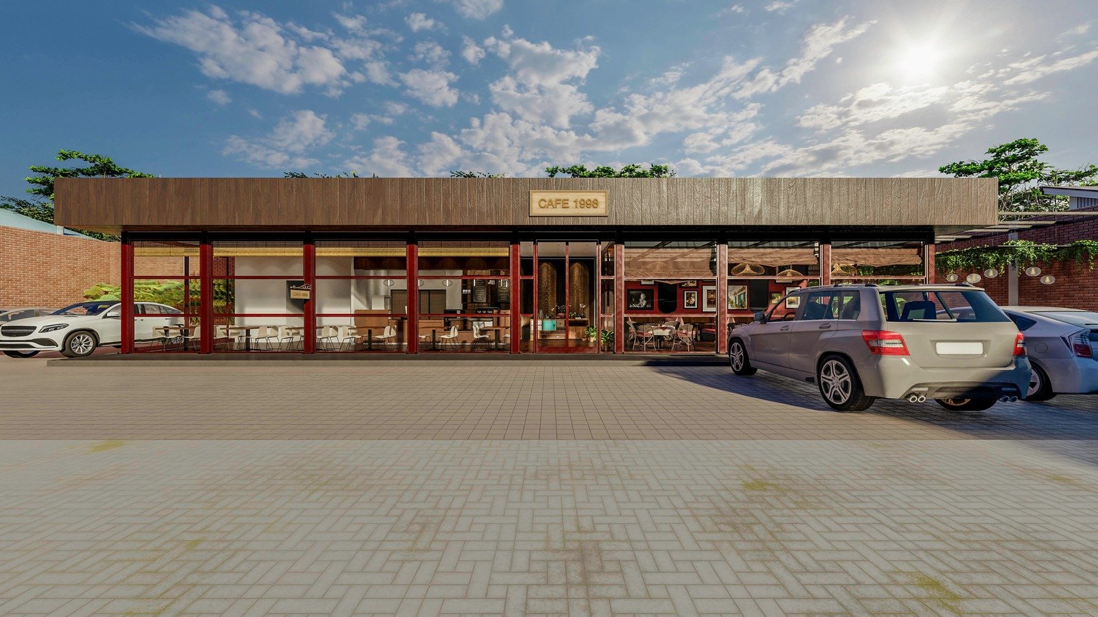 Exterior front view of the modern Roadside Cafe with its prominent wooden fascia and glass frontal design