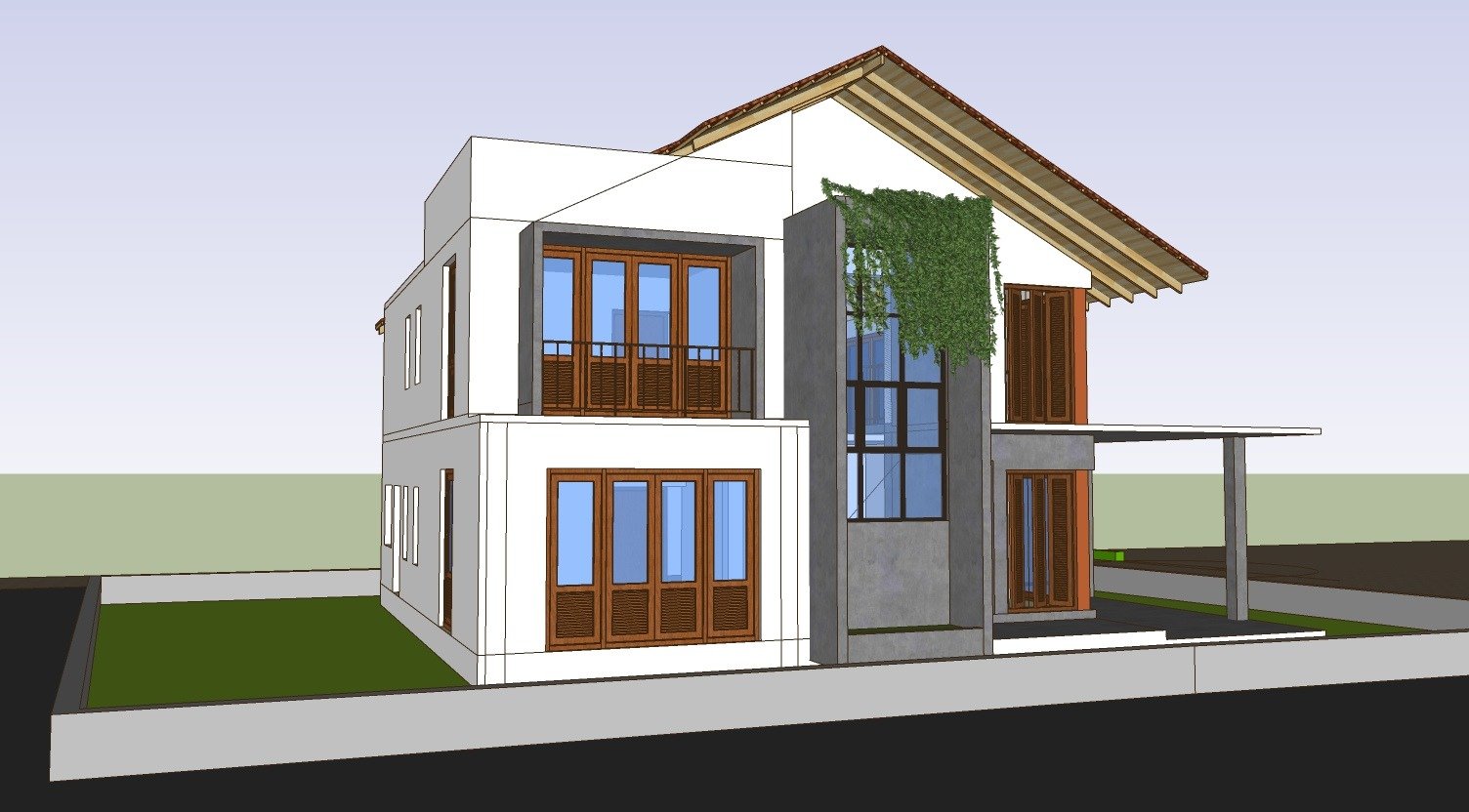Architectural 3D model of Dunuwila Residence with emphasis on the dark concrete balcony and wooden louvered doors