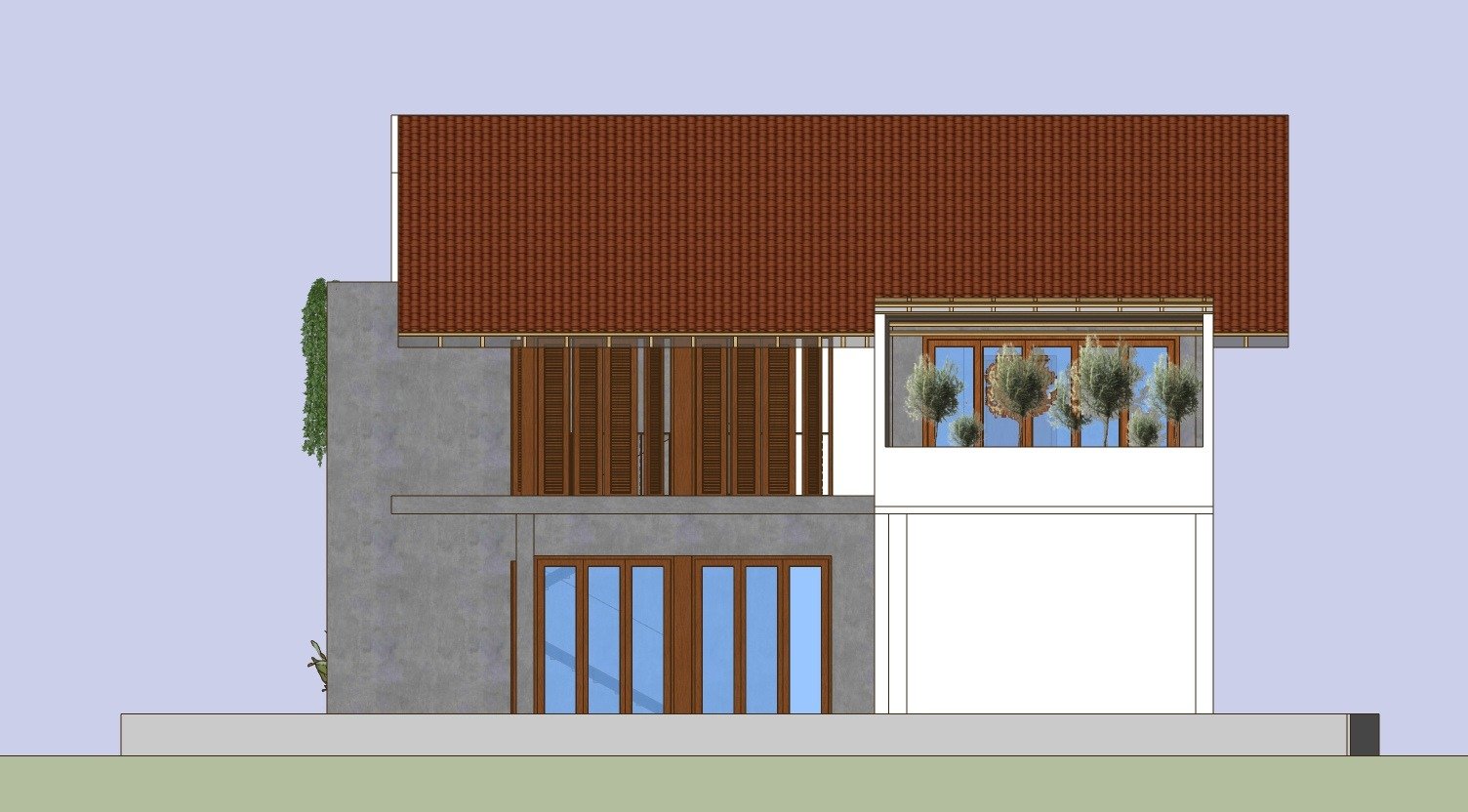 Side elevation 3D render of the Dunuwila Residence highlighting the tiled pitched roof and central wooden-accented room