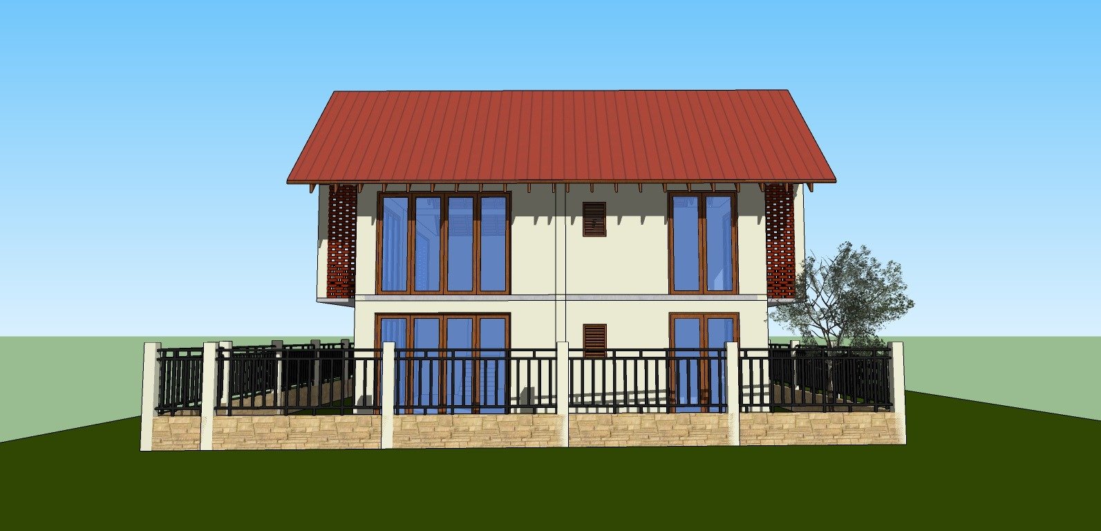 Front elevation render of the House in Gampaha highlighting the red pitched roof, large blue-tinted windows, and front fencing