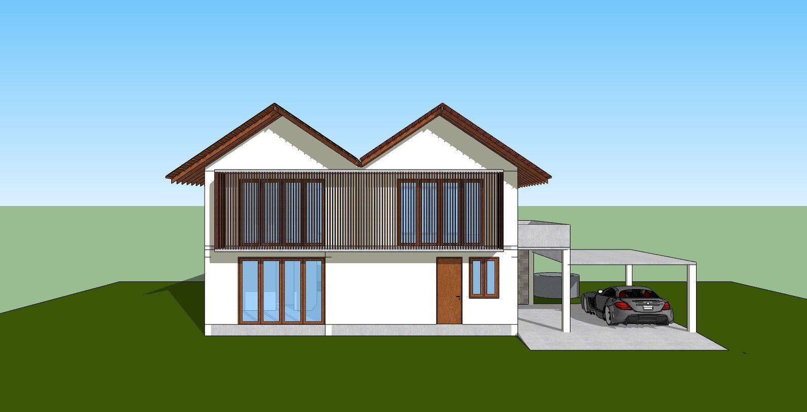 Rear view architectural render showing the car port, timber slatted window shading, and double pitched roof design