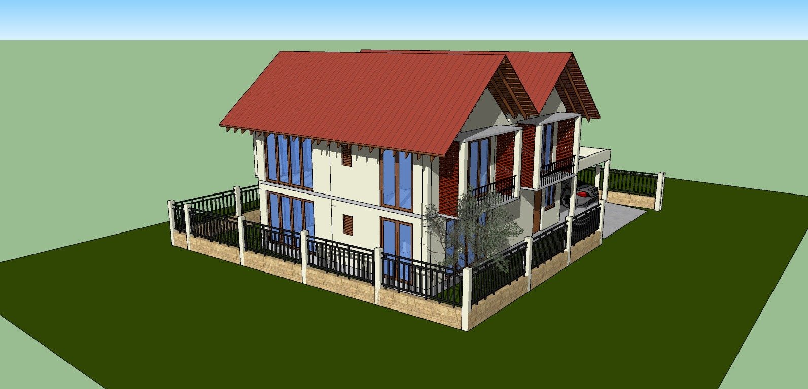 Aerial 3D render of the House in Gampaha showing its distinctive red double-pitched roof and wrap-around black boundary filter