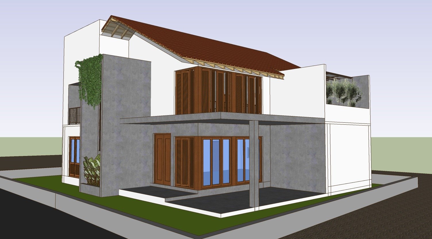 Architectural 3D render of the Dunuwila Residence featuring a striking concrete wall, overhanging roof, and timber louvered windows