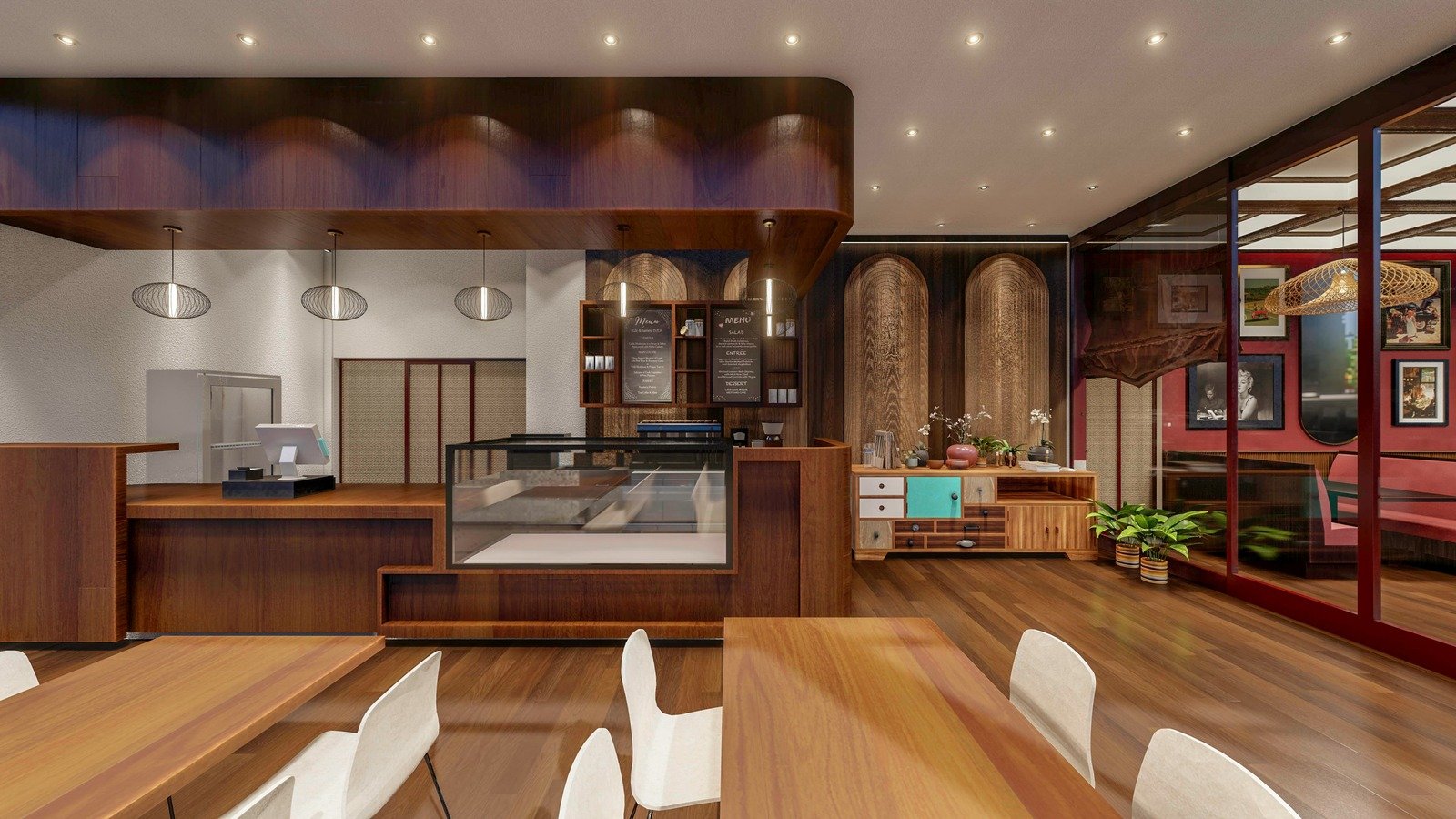 Warm cafe interior with wooden counters, a pastry display case, arched wooden wall panels, and white contemporary chairs