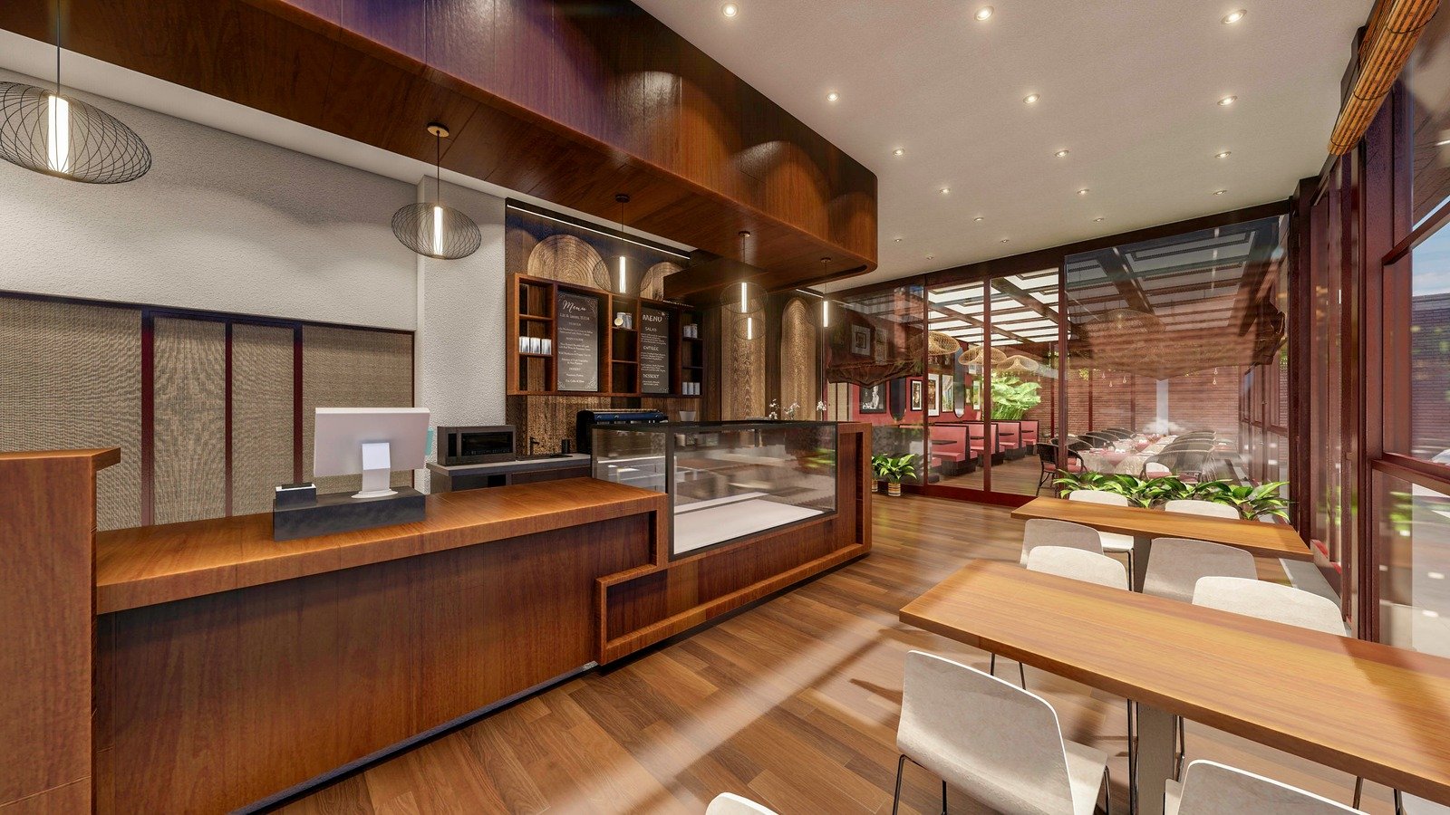 Wide view of the cafe's interior wooden service counter, highlighting the arched woodwork and connection to the dining space